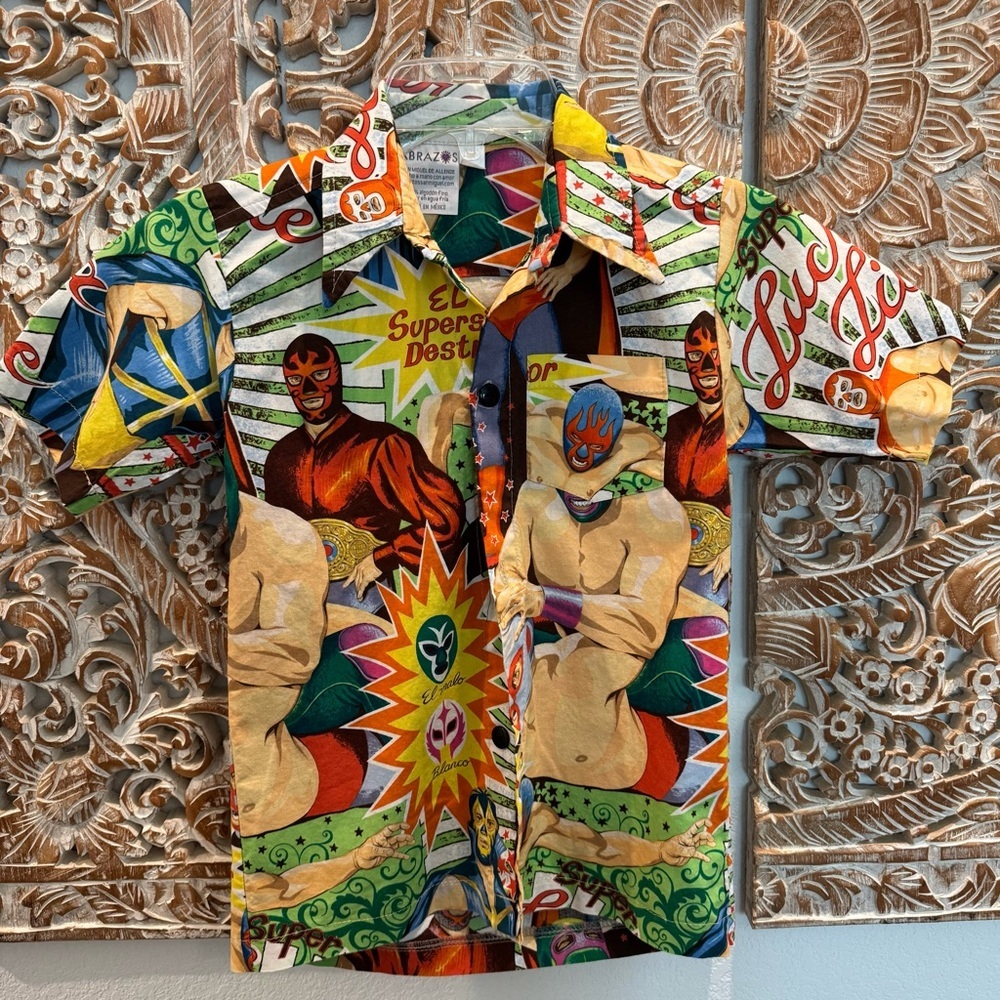 Abrazos Lucha Libre Boys Button Down, El Superstar Destructor Wrestling Shirt
